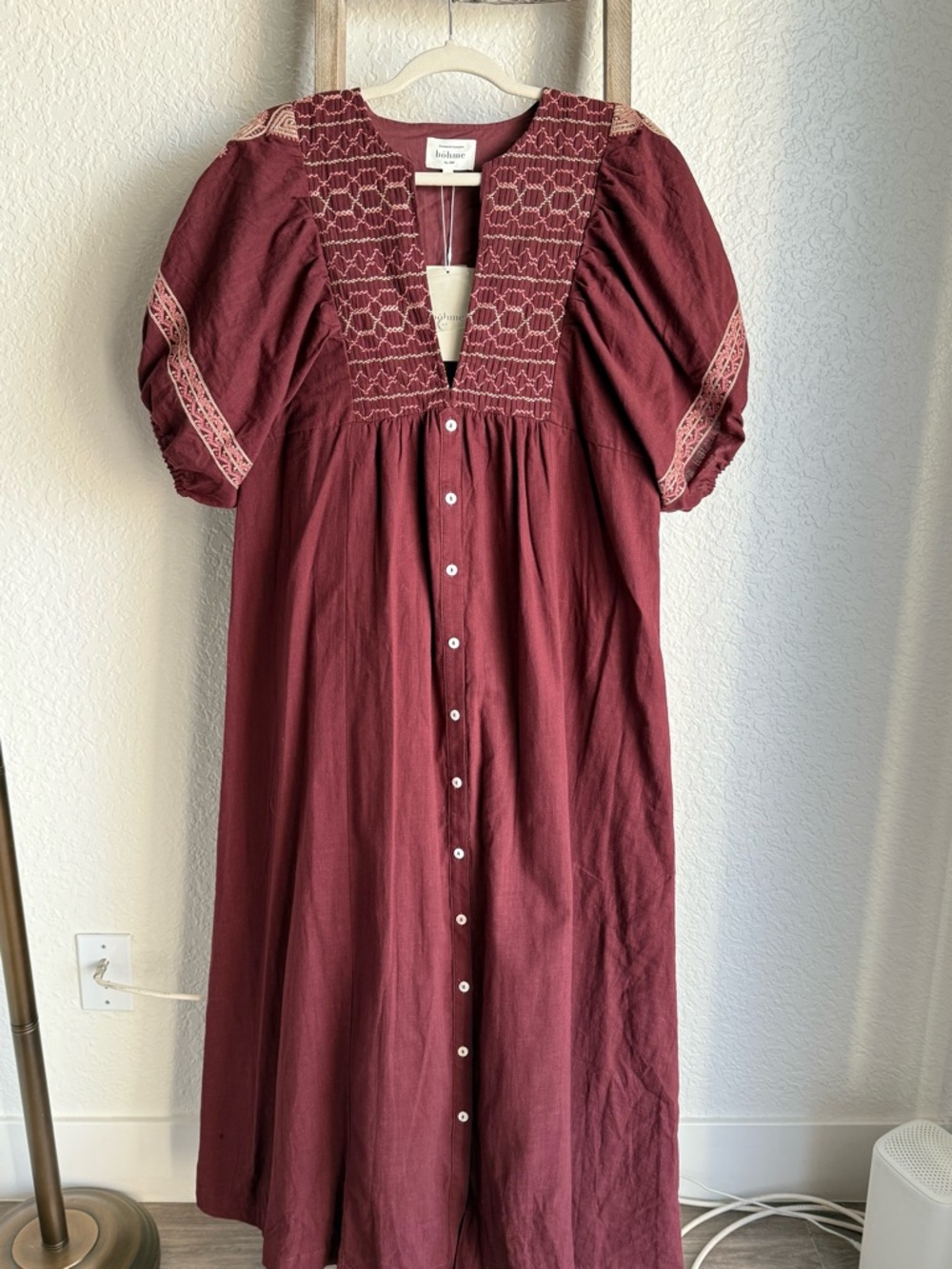 NWTS Bohme Burgundy Maxi Dress with Cream Embroidery